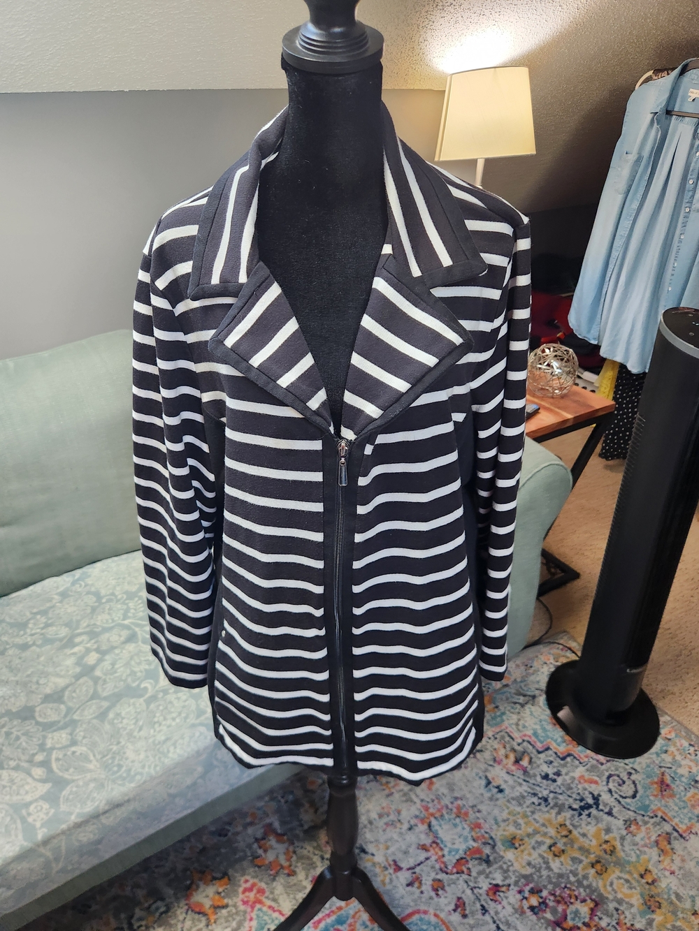 Karen Scott Black and White Striped Zip-Front Blazer Jacket 2X Plus Cotton Blend
